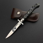 Briceag de colectie tip Stiletto, deschidere pe buton, teaca din piele, 22 cm Black