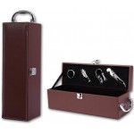 Cutie cadou pentru sticla de  vin imbracata in piele ecologica,maro cu 4 accesorii
