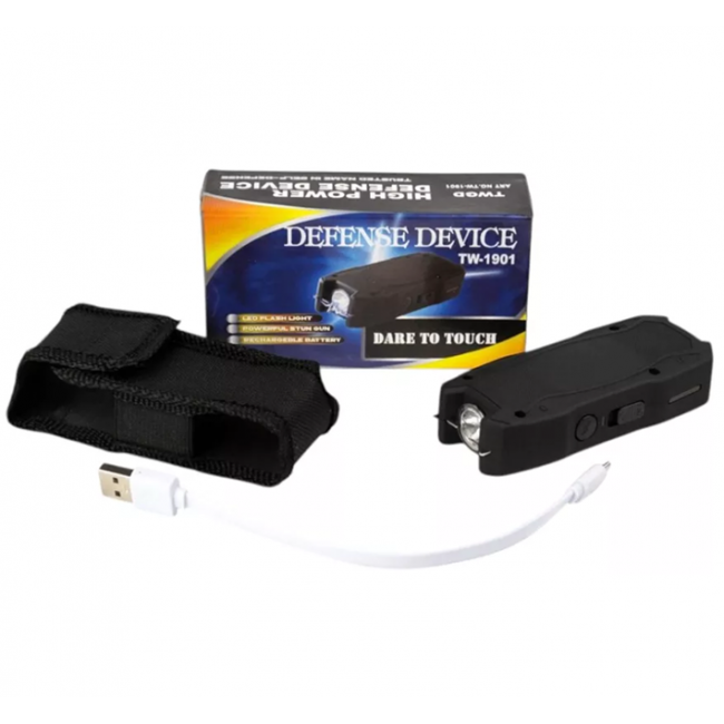 Electrosoc pentru autoaparare TW-1901 cu lanterna si husa cablu USB