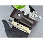 Briceag de colectie tip Stiletto, deschidere pe buton, teaca din piele, 22 cm