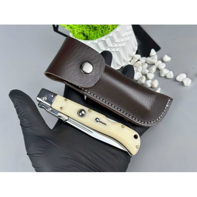 Briceag de colectie tip Stiletto, deschidere pe buton, teaca din piele, 22 cm
