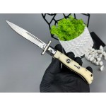 Briceag de colectie tip Stiletto, deschidere pe buton, teaca din piele, 22 cm